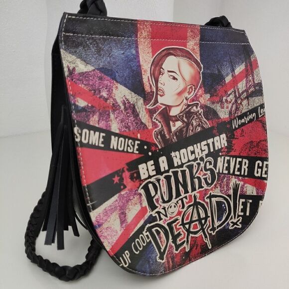 ☠️💥 BE A ROCKSTAR PUNK'S NOT DEAD MULTI COLOR VEGAN LEATHER SHOULDER BAG PURSE - Picture 3 of 10